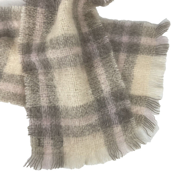 Vintage Foxford Mohair Wool Rectangle Scarf 9x58 Pink Gray Beige Plaid Ireland - Picture 5 of 7